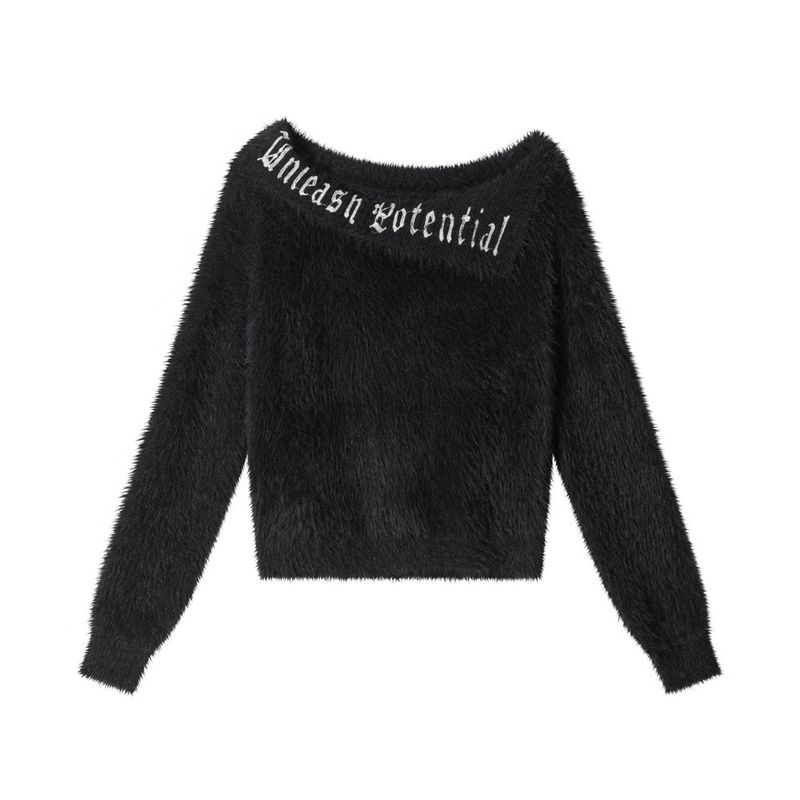 Damen-Strickpullover aus Mohair mit schulterfreiem Schnitt, Winter-Strickoberteil, weicher, kurzer Pullover mit Buchstabenstickerei_voghion.com