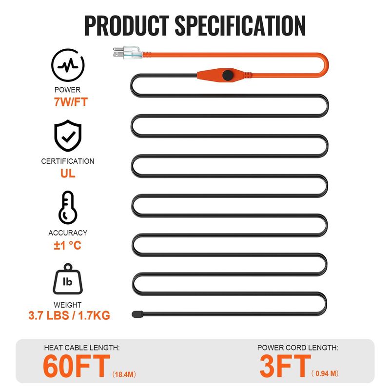 Pipe Heating Cable 60FT 7W/FT Heat Tape For Pipes With Built-in Thermostat_voghion.com