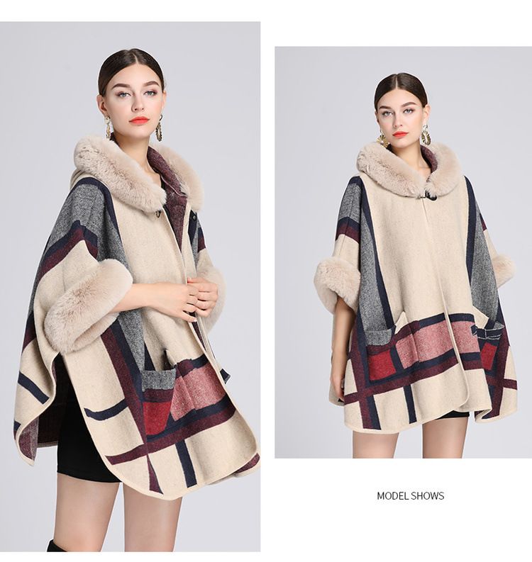 Wollkragen Kapuzenumhang Dame Jacquard Wollmantel Strickjacke Dame_voghion.com