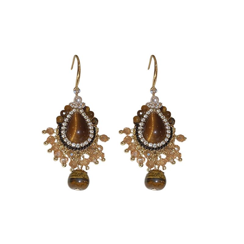 Orecchini Milad Color Series con pietra occhio di tigre e nappa, stile palazzo francese, per donna_voghion.com