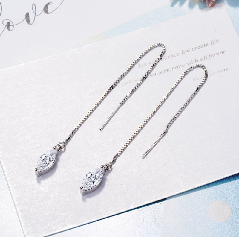 925 Sterling Silver Plated Waterdrop CZ Threader Dangle Drop Chain Earrings TH2_voghion.com