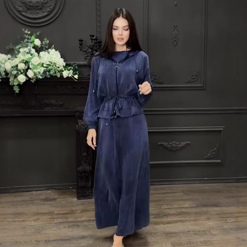 Women's Elegant Sleeveless Dress With Lantern Sleeve Belted Coat 2-Piece Set - Flowy Long Dress & Stylish Outerwear For Fall_voghion.com