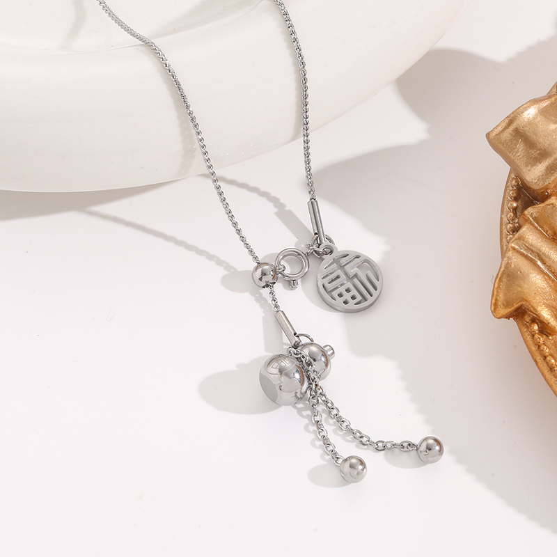 Collier gourde porte-bonheur en acier titane, incolore, de Style chinois, léger, luxueux et Design avancé, chaîne joyeuse_voghion.com