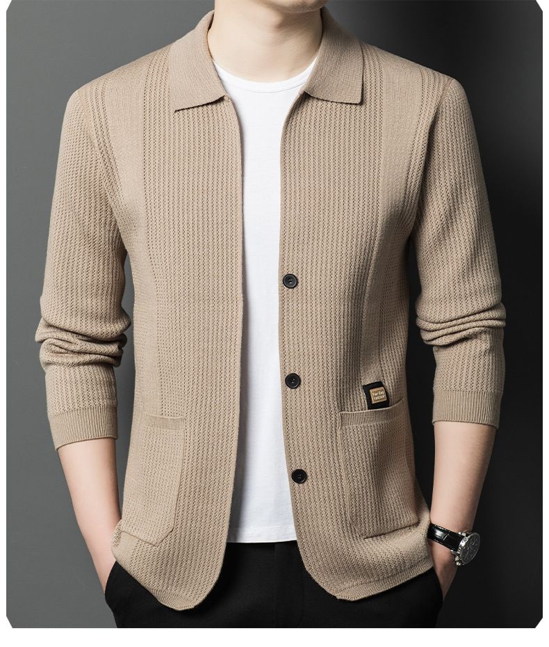 Chaqueta de punto tipo cárdigan juvenil para hombre, informal, de color sólido, primavera y otoño de 2025_voghion.com