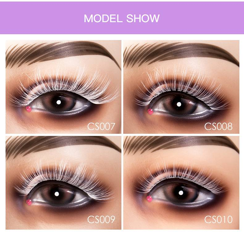 Baltos dirbtinės cheminio pluošto blakstienos, festivalio scenos makiažo blakstienos, 7 poros, sandėlyje_voghion.com