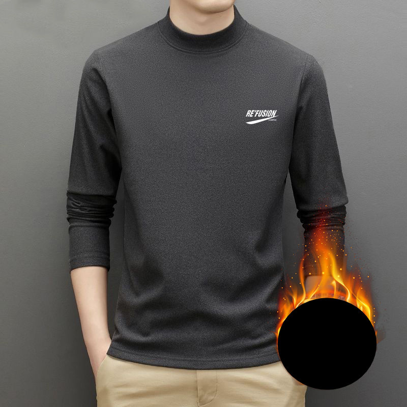 Men's Clothing autumn and winter de Velvet fleece-lined half turtleneck bottoming shirt simple printed solid color top warm bottoming shirt_voghion.com