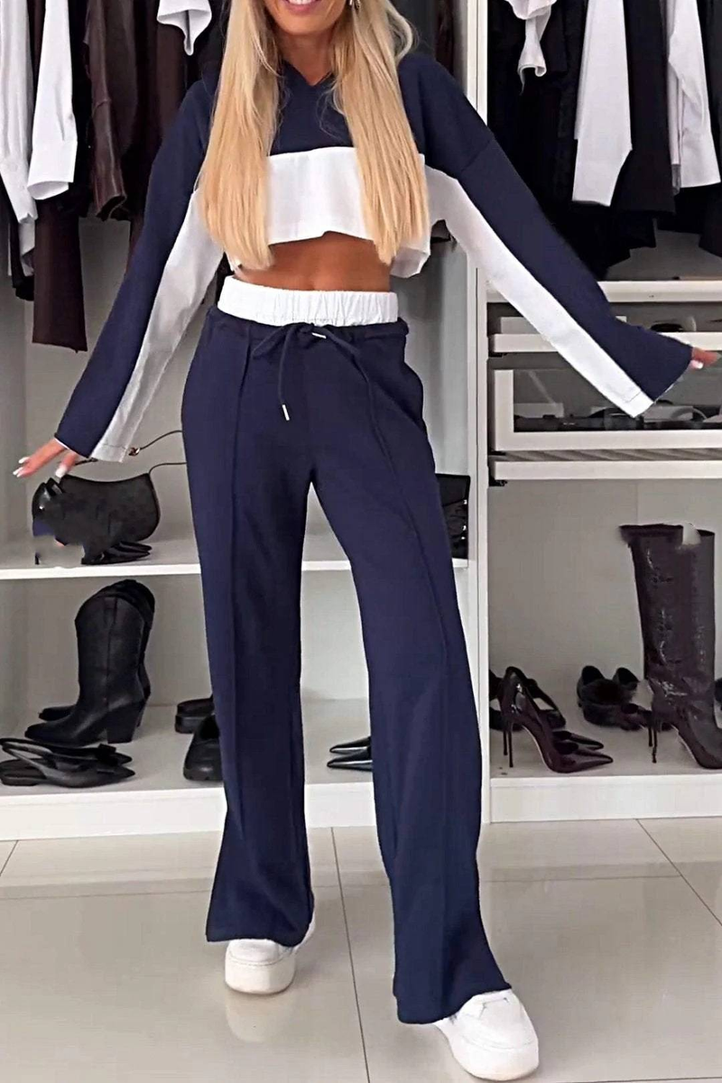 Women's Clothing Color Matching Suit Long Sleeved Hooded Contrast Color Sweater Lace Up Trousers Two Piece Suit_voghion.com