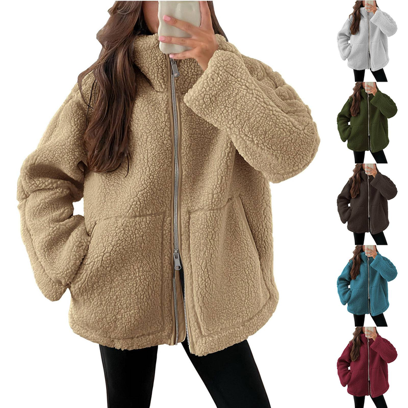 Winter Chic Mädchen Lamm Fleece Damen Kurze Jacke Reißverschluss Langarm Tasche Warmer Mantel Mode High Street Weibliche Oberbekleidung_voghion.com