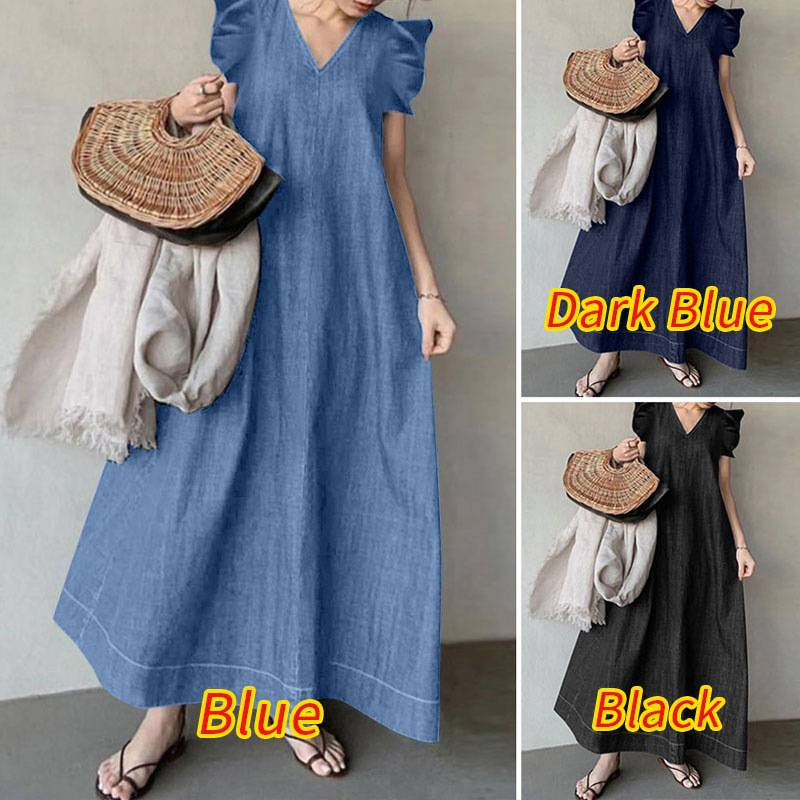 Vintage Denim Feste Kleid 2025 Sommer Neue Einfache Rüschen Ärmellose Lange Kleider Weibliche Casual Büro A-linie Lose Vestidos_voghion.com