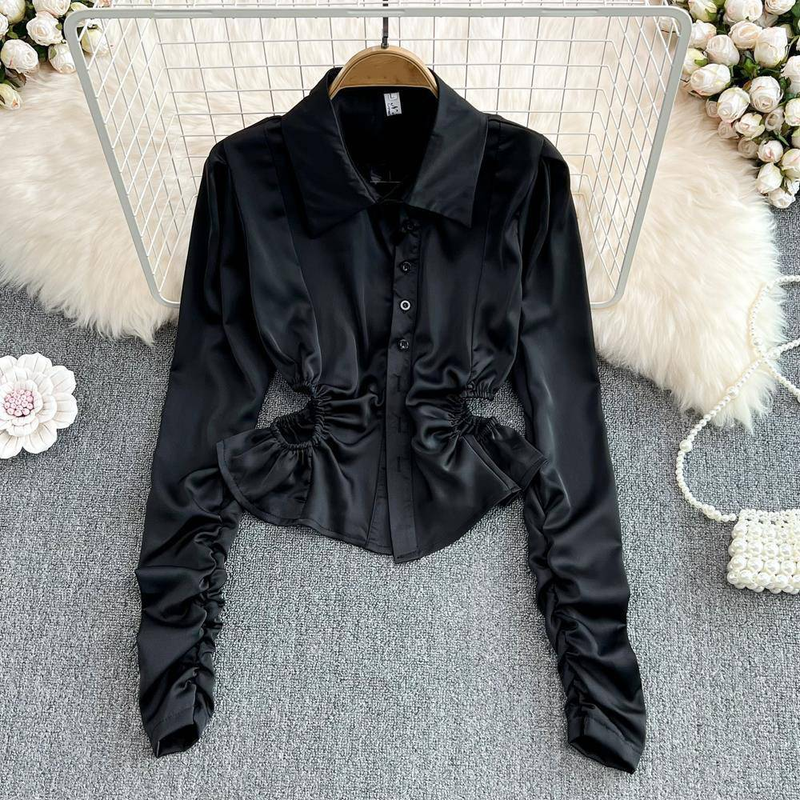 Women's Blue Pleated Shirt - Long Sleeve Slim Fit Waistless Top (Fashionable Niche Design)_voghion.com