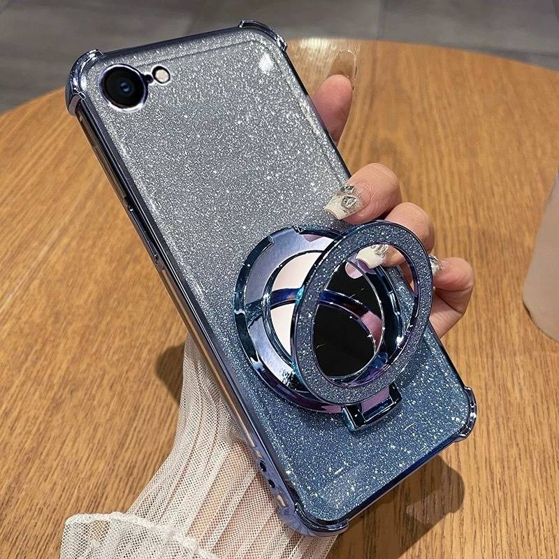 Mirror Stand Case For IPhone 16E/15 Pro - Electroplated Shockproof Corners With Built-in Vanity Mirror & Camera Lens Protector, Soft Silicone Cover_voghion.com