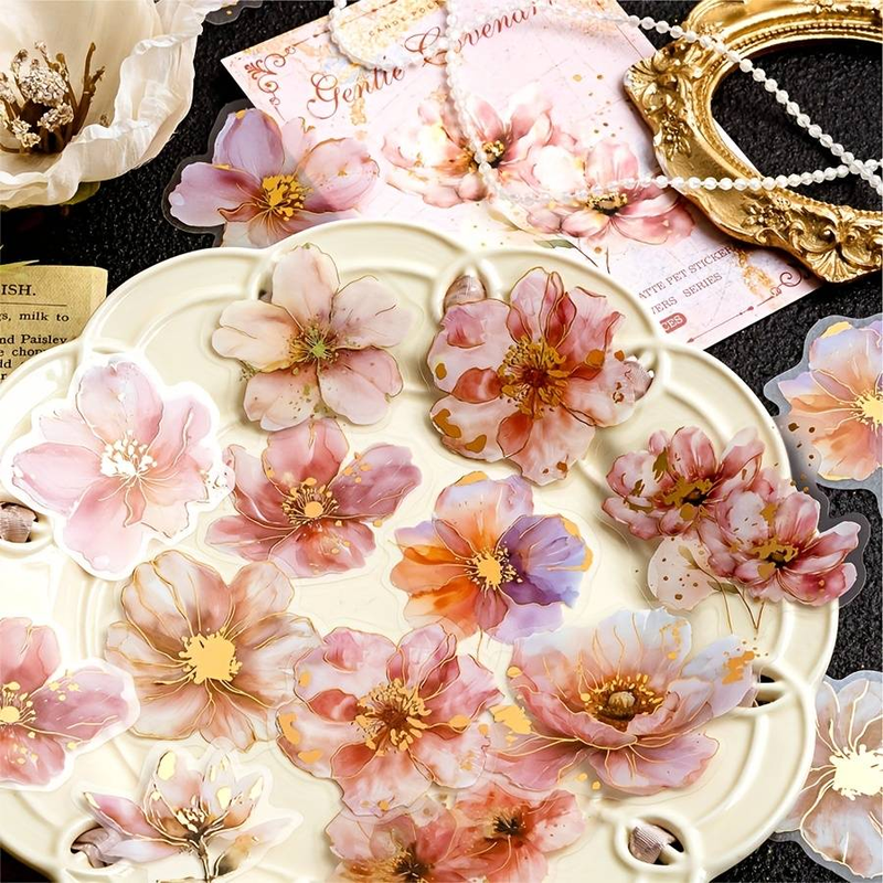 20pcs/pack Retro Flowers Gorgeous Flower Message Material DIY Decoration Collage Base Scrapbook PET Stickers_voghion.com