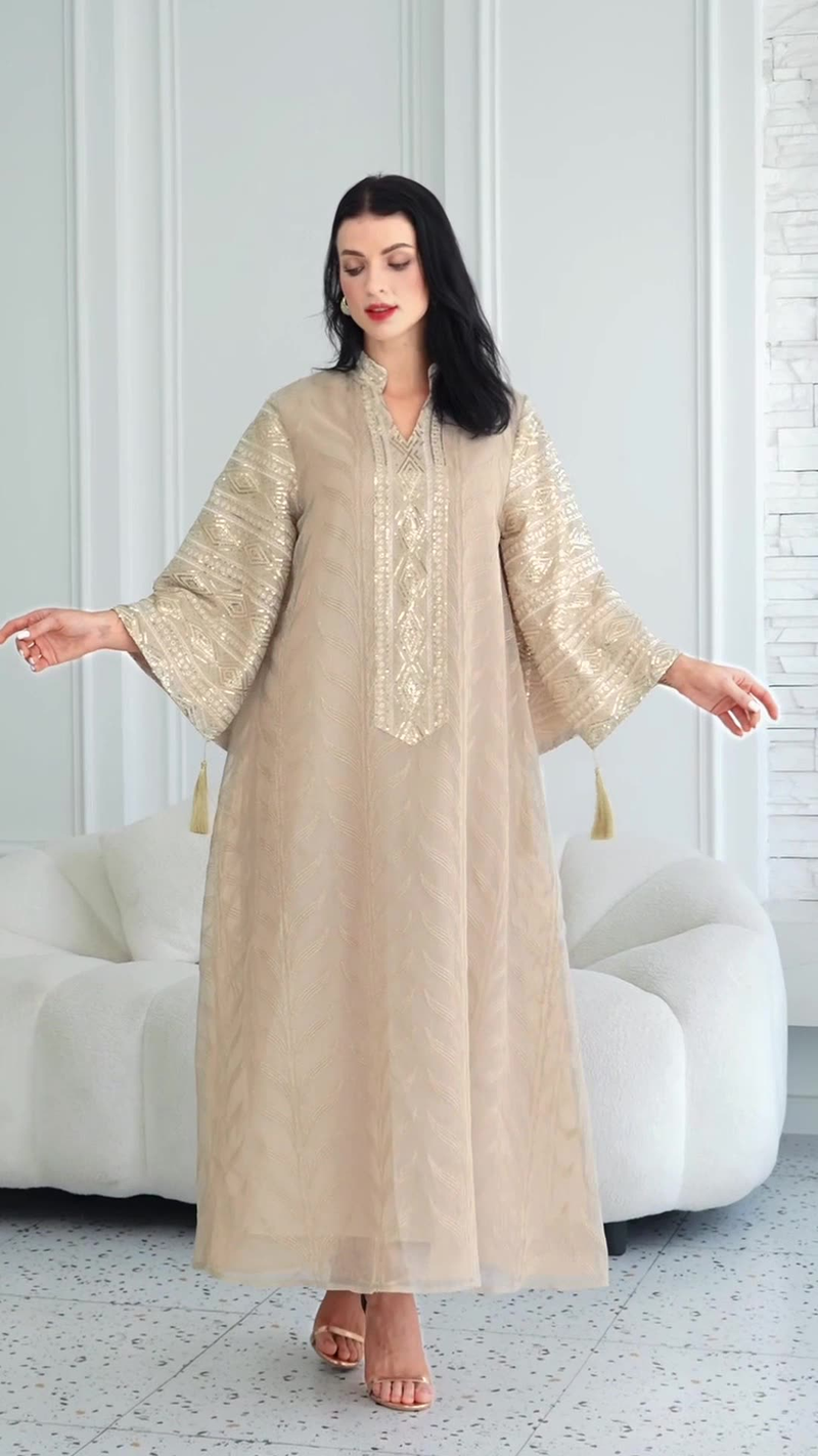 Elegantes nahöstliches muslimisches Abaya-Kleid mit bestickten Perlen und Spitzenbesatz – schlichtes langärmeliges Maxikleid für Frauen_voghion.com