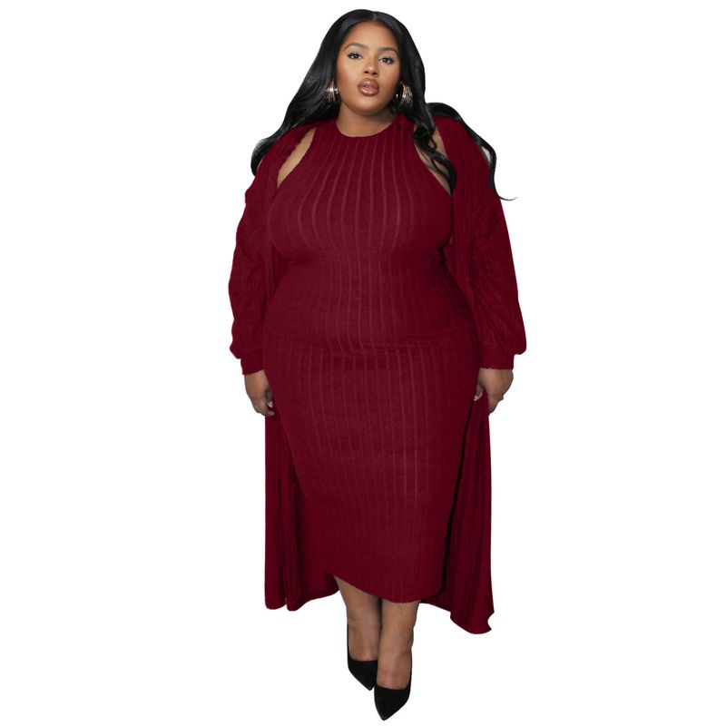 Plus Size Casual Two-Piece Set – Ribbed Knit Long-Sleeve Top & Midi Skirt (Black, Wine Red, Gray, 1XL-5XL)_voghion.com