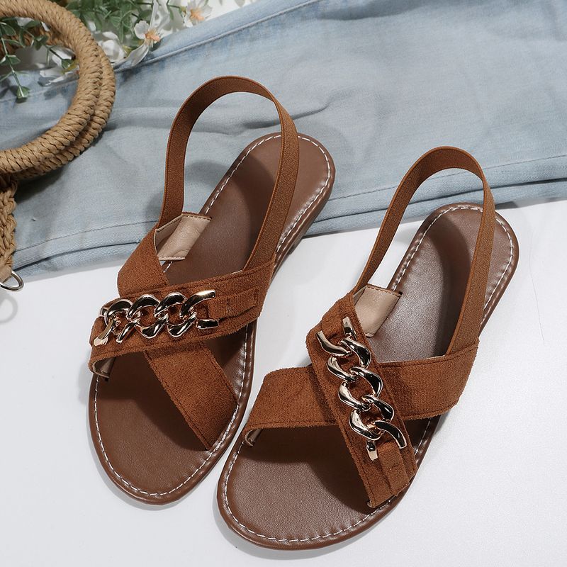 Round Toe Chain Cross Flat Sandals_voghion.com