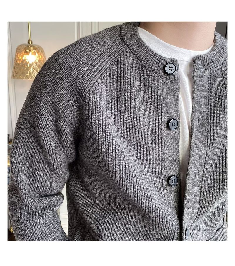 Men's Knit Cardigan Sweater - Thick Warm Open Front Coat With Baseball Collar, Soft Breathable Polyester Blend, Relaxed Fit For Business Casual_voghion.com