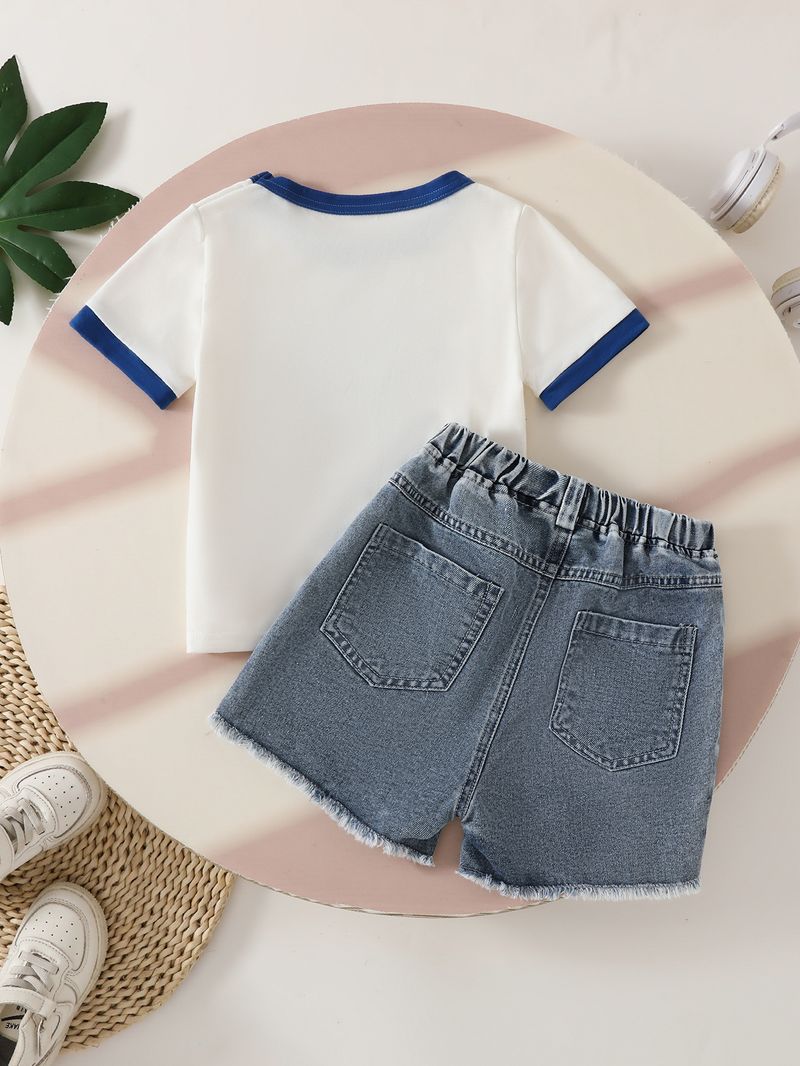 Vestiti estivi 2025 per ragazze, nuovi, con scollo rotondo, maniche corte, pantaloncini in denim con colori a contrasto._voghion.com