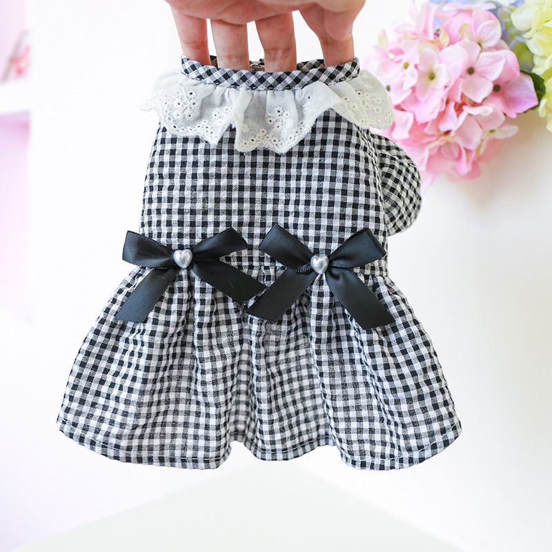 Pet Circle Dog Clothing Cat Clothes Bowknot Lace Collar Edge Black And White Plaid Princess Heart Pearl Dress_voghion.com