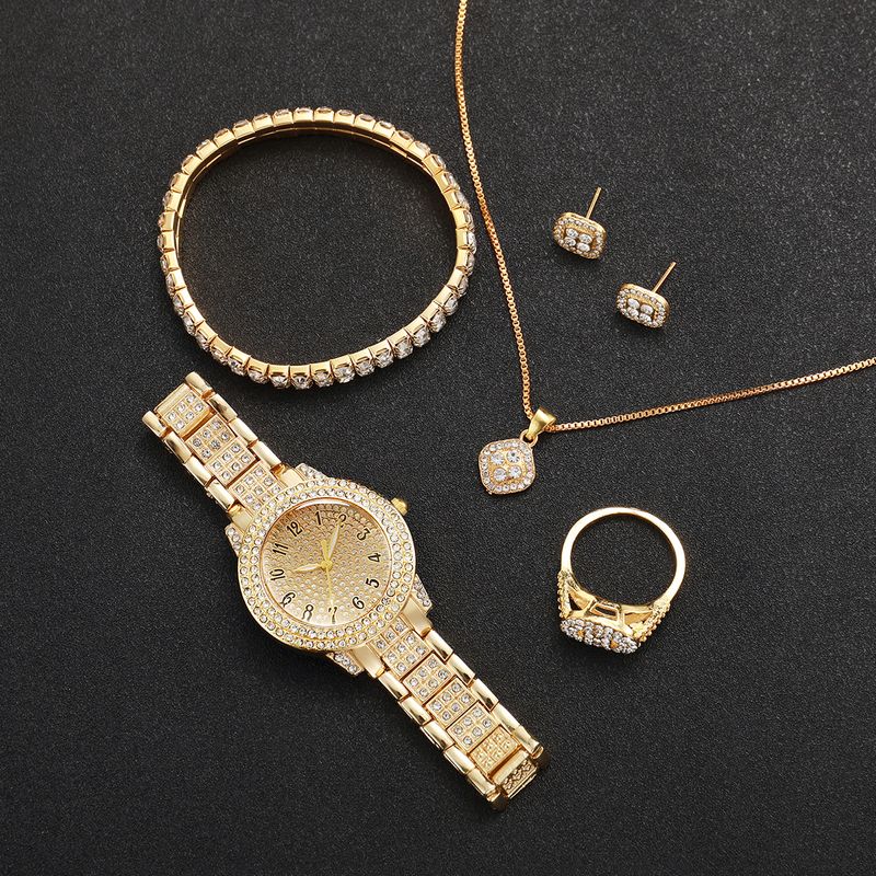 Aurora Atelier 6PCS Fashion Full Diamond Women's Watch Gold Steel Band Analog Quartz Watches Jewelry Set(Without Box)_voghion.com