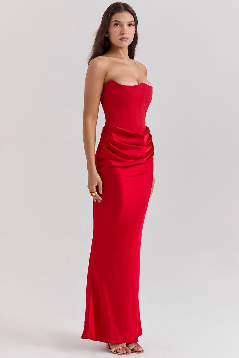 2025 neues rotes trägerloses Korsett Sexy Slim Fit Mermaid Langes einfarbiges Kleid für Frauen_voghion.com