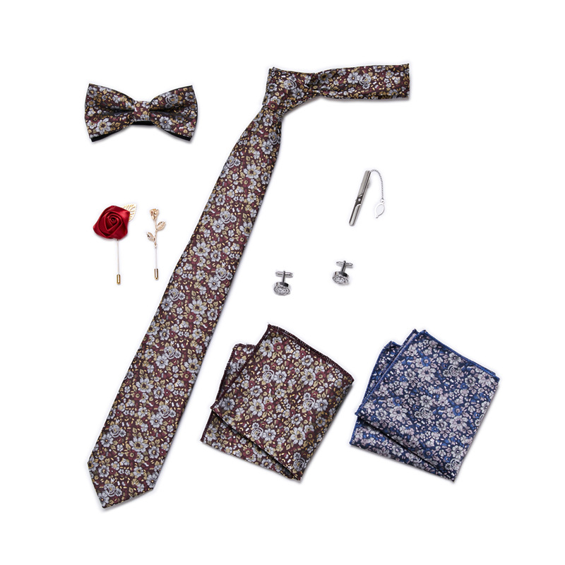 Men's Ties & Handkerchiefs fashionable business solid color flower tie square scarf 8-piece combination set_voghion.com