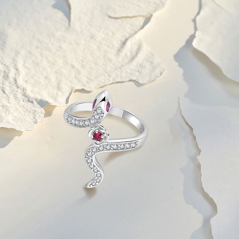 Jóias S925 anel de prata esterlina feminino cobra e rosa anel personalidade moda vermelho corindo zircão anel animal_voghion.com