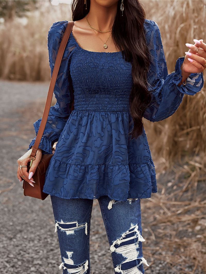 Camicia jacquard da donna dal temperamento elegante top a maniche lunghe con colletto quadrato_voghion.com