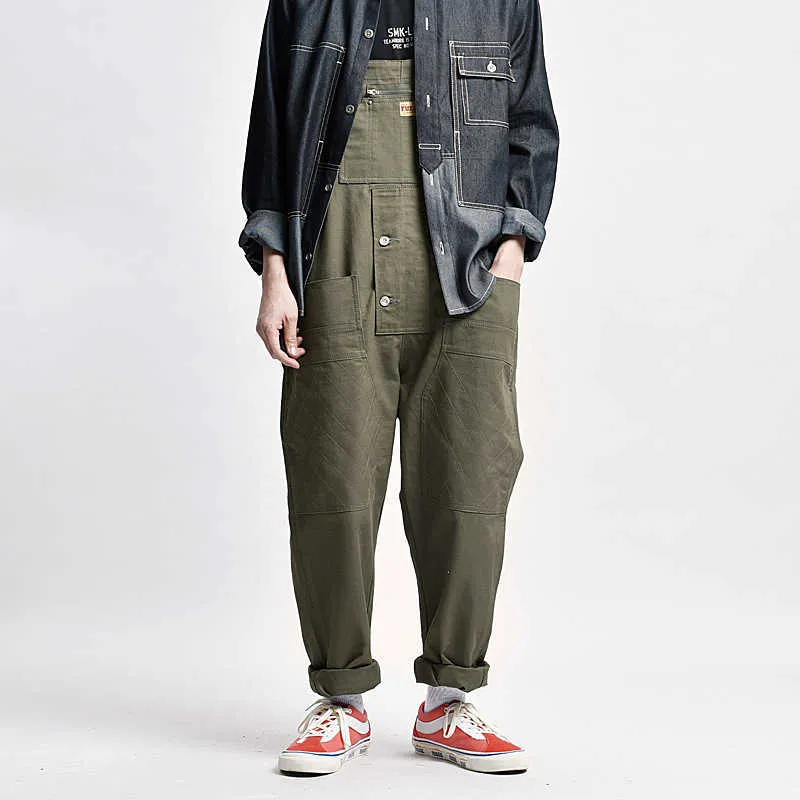 Men's Loose Multi Pockets Cargo Bib Overalls Working Clothing Jumpsuits Jeans Pants Black Military Green Brown T221102_voghion.com