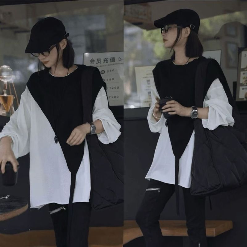 Elegant Fashion Versatile Asymmetrical Shoulder Shawl Design Shawl-style Pullover Knitted Vest Casual Black_voghion.com