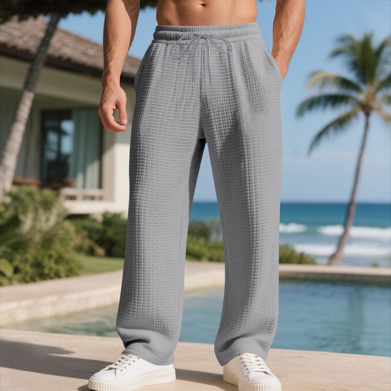 Men’s Jacquard Checkered Casual Pants – Classic Straight-Leg Trousers With Drawstring Waist (95% Polyester, Wrinkle-Free, White/Navy/Army Green)_voghion.com