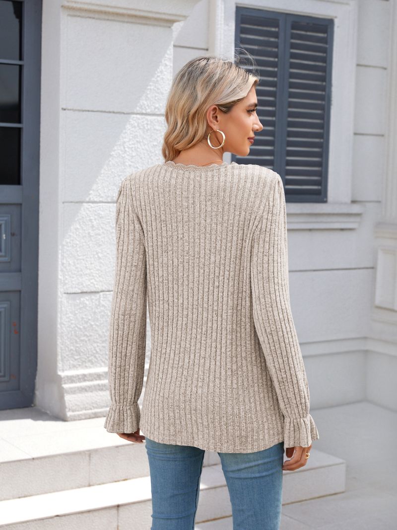 Top casual da donna con scollo a V e maniche a balza - Camicia a maniche lunghe in morbido misto cotone spazzolato a righe per l'uso quotidiano_voghion.com