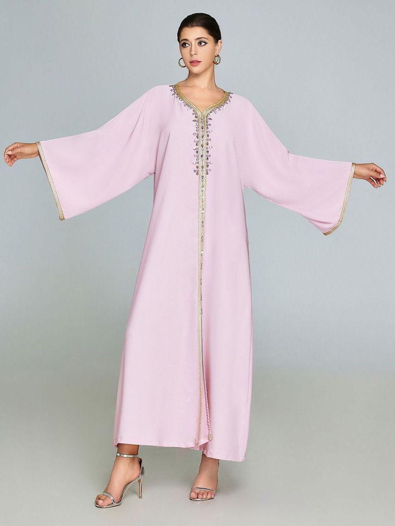 Handbesticktes Maxikleid mit Fledermausärmeln – Eleganter, fließender Kaftan für Damen, Übergröße, Boho-Chic-Abaya (Pink, S/M/L/XL)_voghion.com