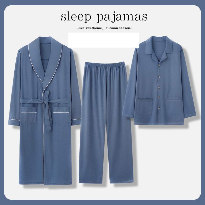 Pajamas men's spring and autumn long-sleeved thin modal cotton silk men's large size nightgown bathrobe home clothes three-piece set_voghion.com
