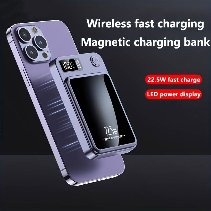 Banco de energía móvil de 10000/20000 mAh, banco de carga inalámbrico con succión magnética, cargador de teléfono portátil adecuado para dispositivos Android/Apple, pantalla de energía LED_voghion.com