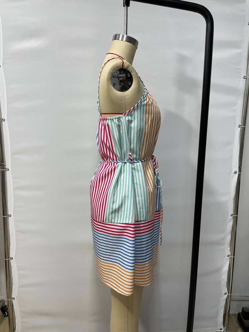 Multicoloured striped H Pattern holiday print sleeveless dress with halter_voghion.com