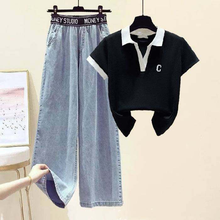 Damenbekleidung Revers Poloshirt Kurzarm T-Shirt Damen Sommer Neue lockere Hose mit hoher Taille und weitem Bein_voghion.com