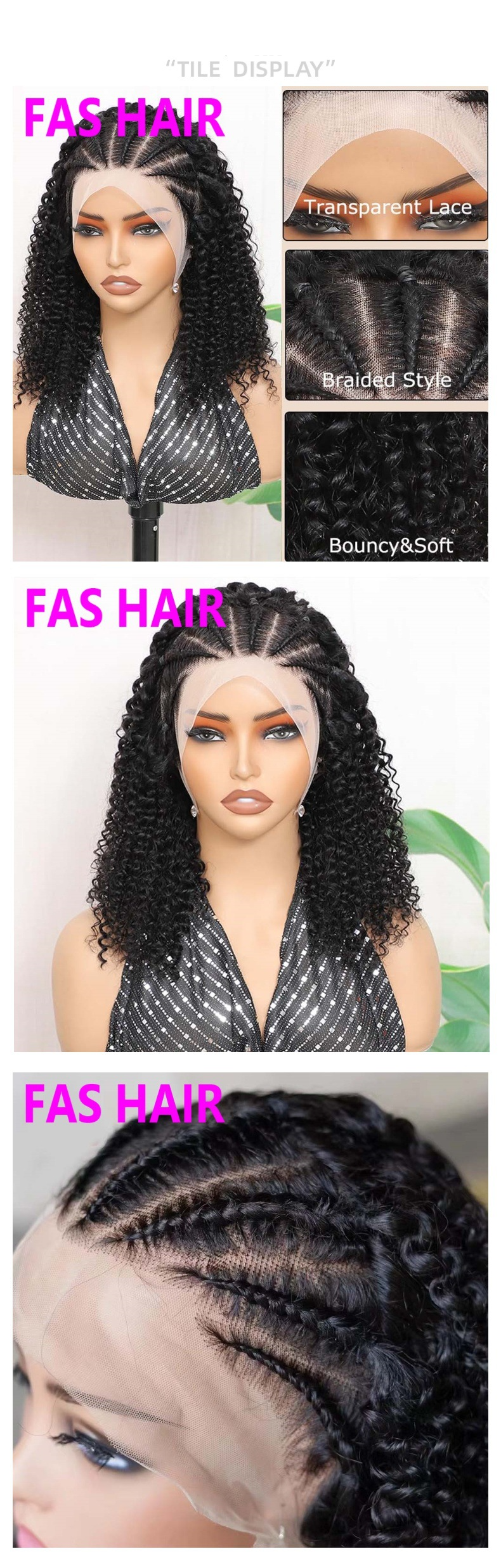 100% Human Hair Short Bob Wig - Half Braid Half Curly Style, Glueless Lace Front (Heat Resistant, Natural Black, 180% Density)_voghion.com