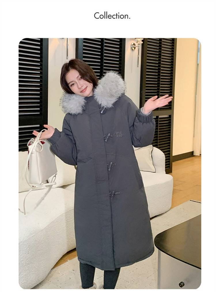 Übergroßer Puffermantel mit Kapuze und abnehmbarem Kunstpelzbesatz für Damen, lange Winterjacke in Schwarz/Grau/Creme_voghion.com