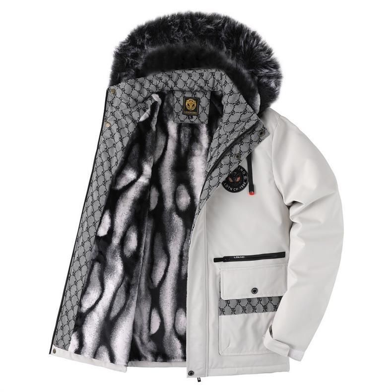 Abrigo de algodón para hombre, chaqueta de invierno con capucha y forro polar, con cuello de piel desmontable. Abrigo elegante y cálido para la moda urbana (negro/blanco)._voghion.com