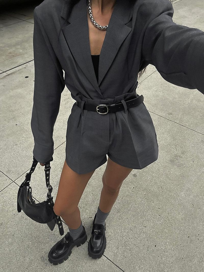 GraceChic Cross-Border European And American Style 2025 Autumn Loose Jacket Shorts Commuter Suit Set For Women_voghion.com