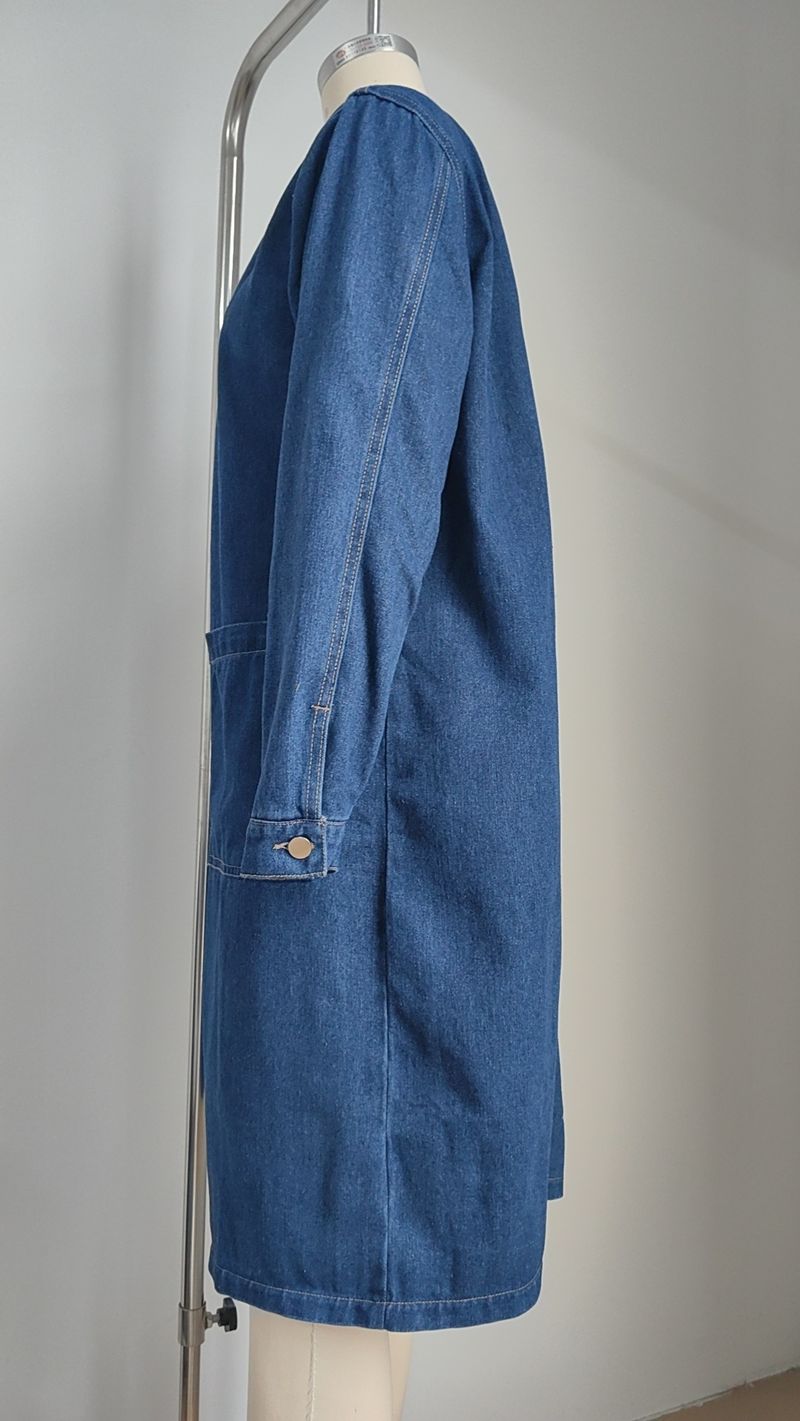 Casaco feminino jeans desgastado oversized - Jaqueta longa streetwear com decote em V e mangas compridas_voghion.com