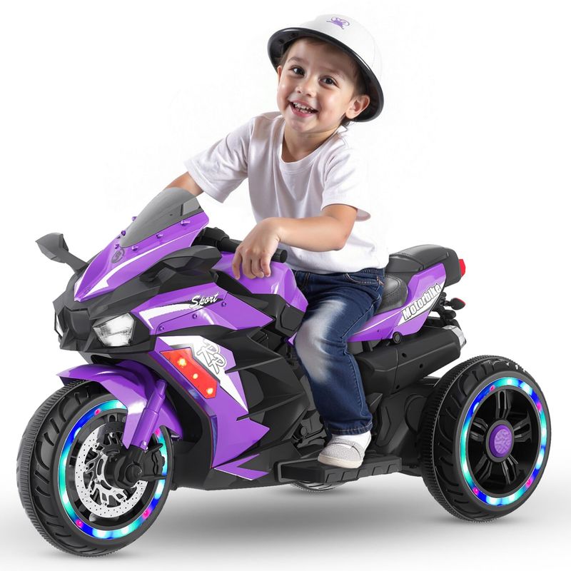 Electric Motorcycle For Kids, 12V Battery Powered Ride On Toys, 3 Wheels Motorcycle With LED Lights, Bluetooth Music,Violet_voghion.com