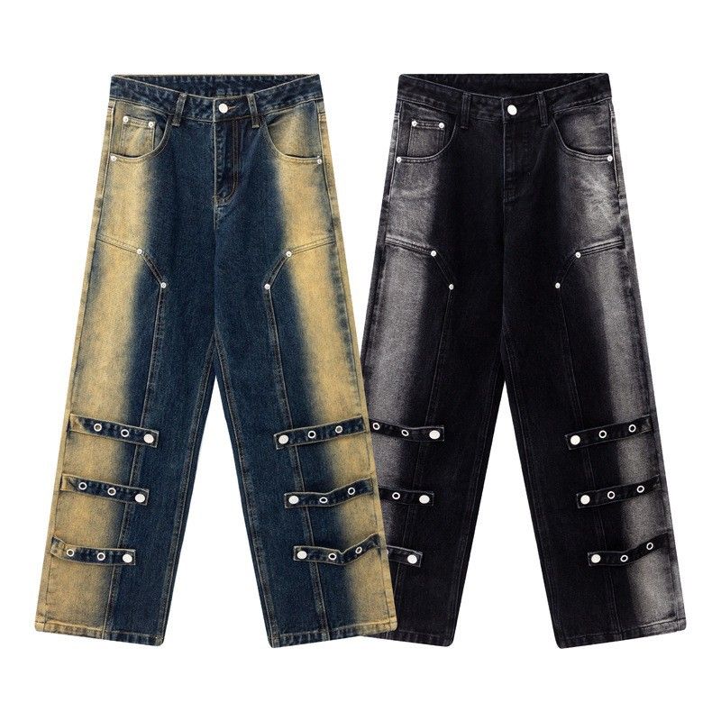 Herenkleding gewassen distressed gespoten apenband versierde jeans unisex modemerk losse wijde pijpen broek_voghion.com