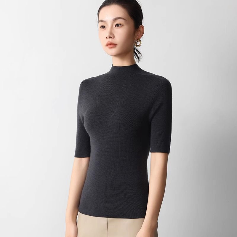 Summer German Yangzi Yarn Island Fine Seamless 100 Half Turtleneck Base Shirt High-End Feel Mid-Sleeve Wool Sweater_voghion.com