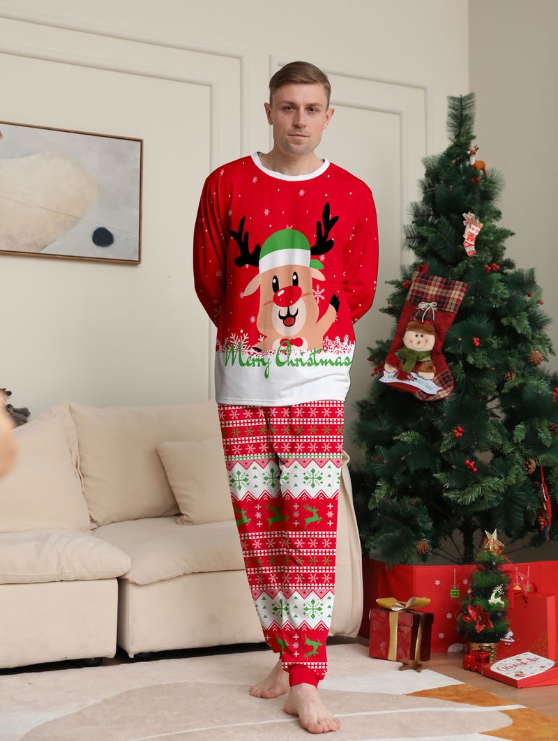 Christmas Red Parent Child Outfit Independent Station New Fat Deer Head Cartoon Suit Holiday Pajamas Home Clothes_voghion.com
