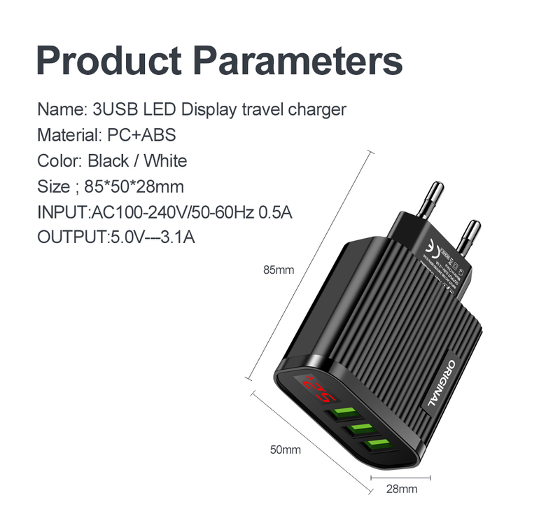 Chargeur USB avec affichage 3,1a 5V pour iPhone, 3 Ports, charge rapide, chargeur de téléphone mural pour iPhone Samsung Xia_voghion.com