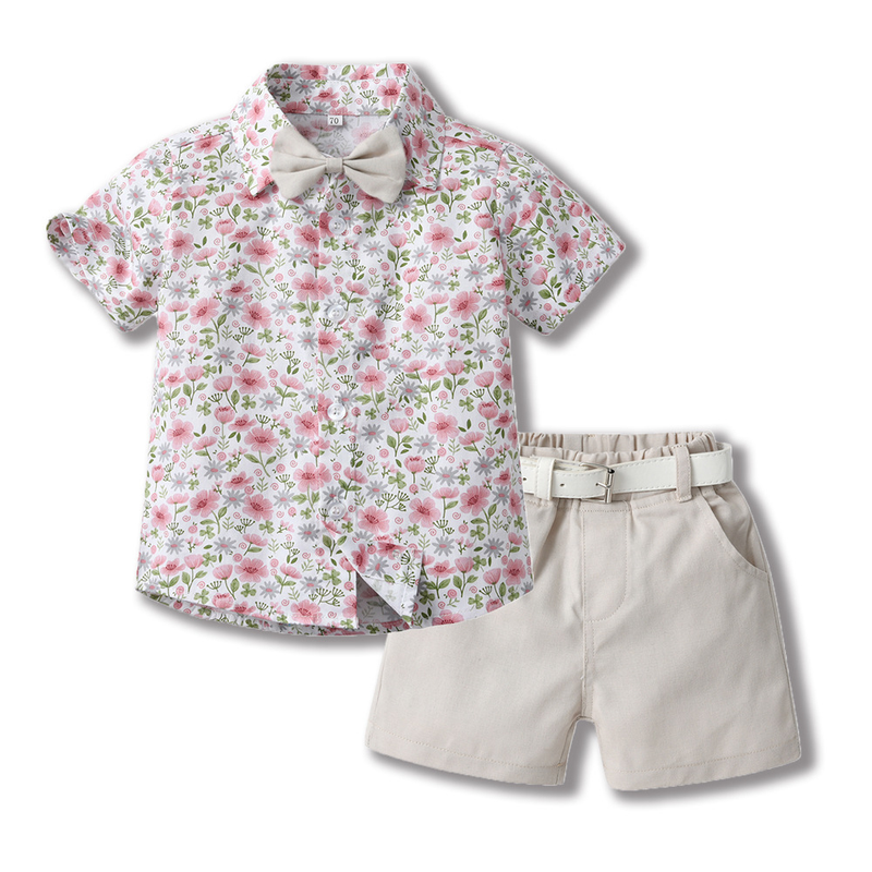 Kinderkleidung, Sommer-Kinderrevers, Baumwollhemd, Schleife, kurzärmlige Strickjacke, Jungen-Shorts, zweiteiliges Set_voghion.com