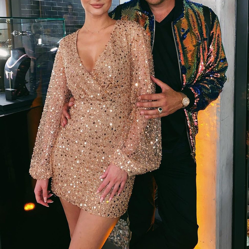 Damkläder klänning långärmad V-ringad paljett midja höftkjol_voghion.com