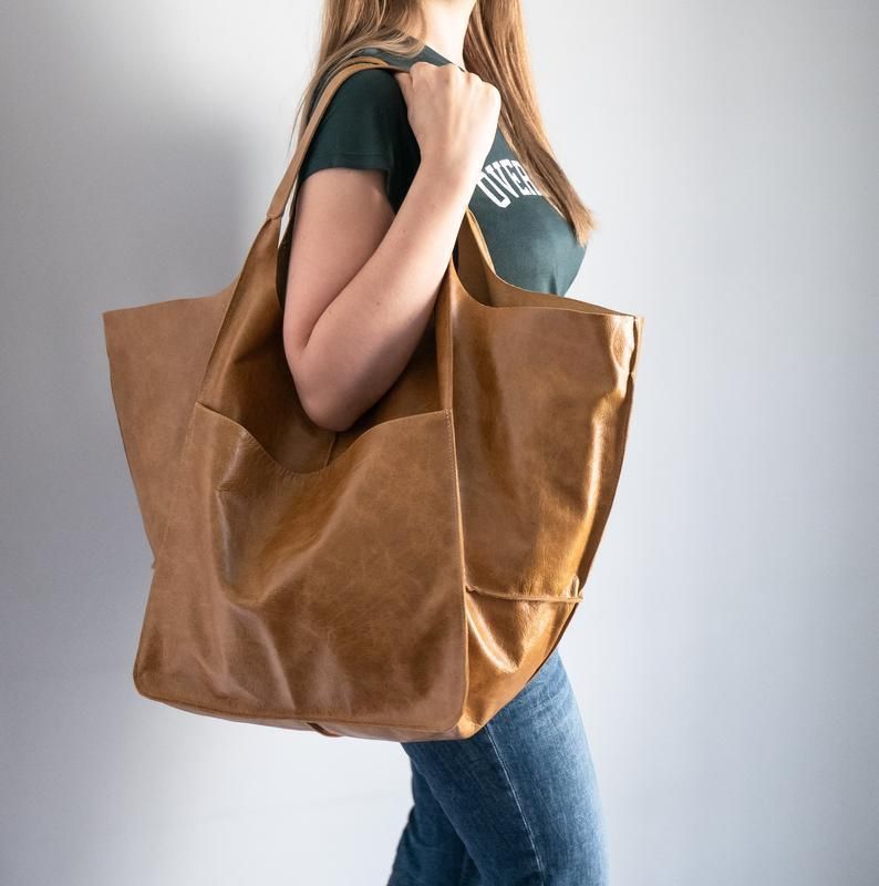 Damentaschen einfache große Tasche weiches Leder große Kapazität eine Schulter Handtasche Einkaufstasche handgemachte pflanzlich gegerbte Damentasche PG21_voghion.com
