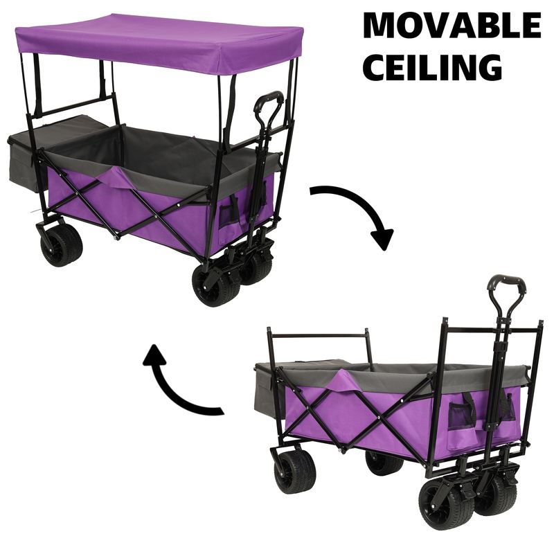 480Lbs Collapsible Wagon With Canopy,Wagon Stroller With 7" All-Terrain Wheels, Lightweight Foldable Wagon, Large Capacity For Camping, Shopping, Sports, And Garden Use,purple With Mosquito Net_voghion.com